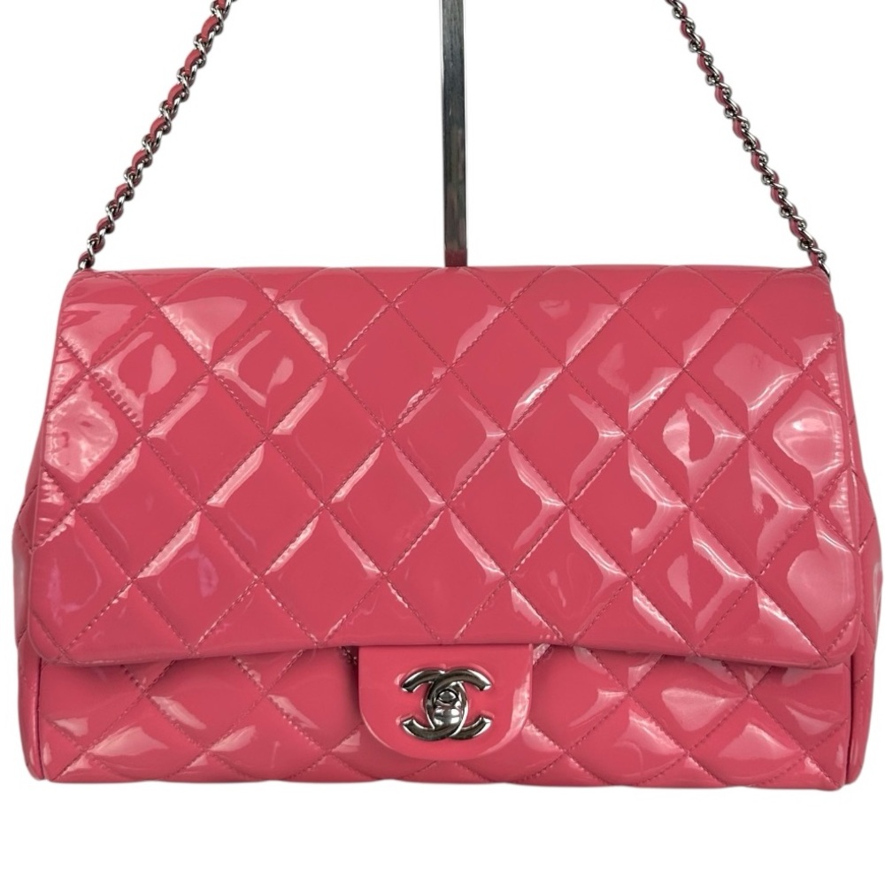 CHANEL Pink Quilted Patent Leather Flap Bag with Silver Hardware